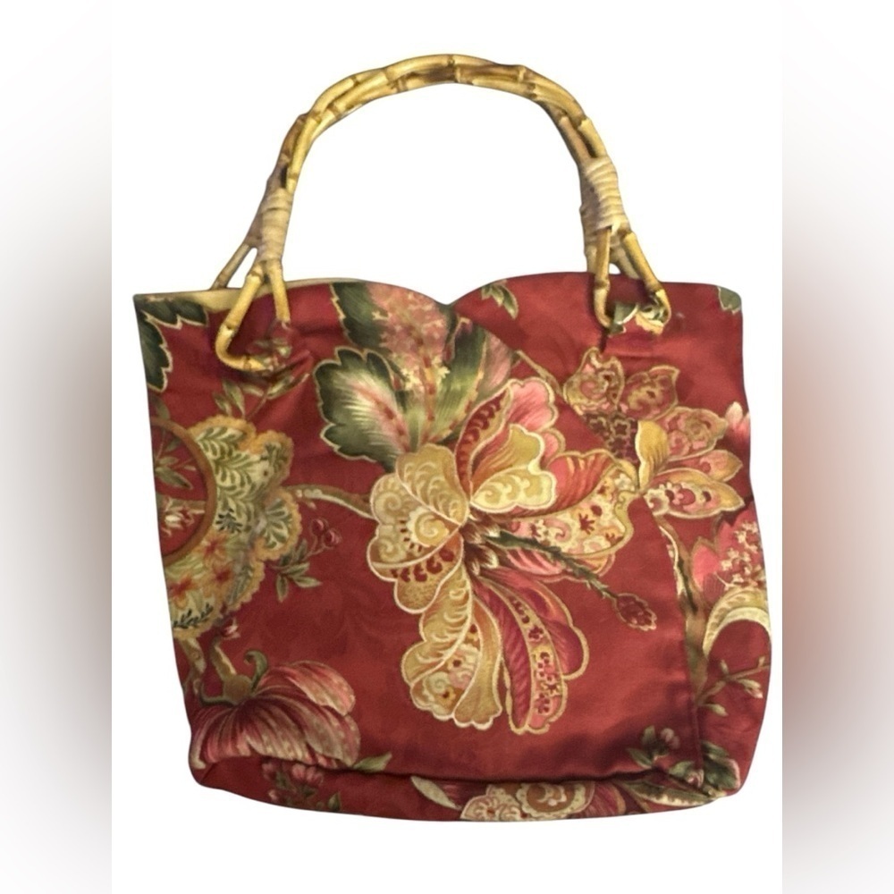 Satin red gold Asian style pattern bamboo handle small purse NWOT